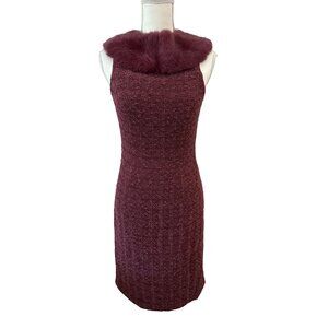 CARMEN MARC VALVO Boucle Rabbit Fur Collar Pencil Dress Size 6